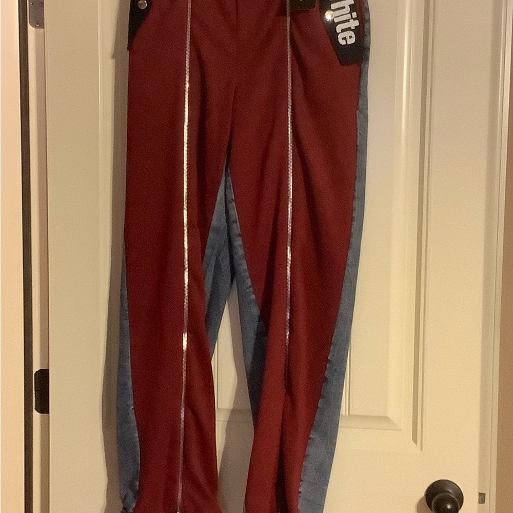 Maroon Skinny Jeans with Light Blue Contrast Panels